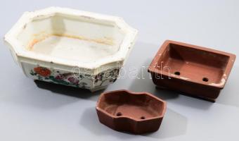 3 db kínai porcelán bonsai tartó és tál. Kézzel festett, kisebb mázhibákkal d: 25 cm
