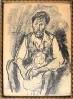 Szemere Lenke (1906-1993): Apa gyermekével. Szén, papír. Jelezve jobbra lent. 36x28 cm. Üvegezett fakeretben. Ritka!