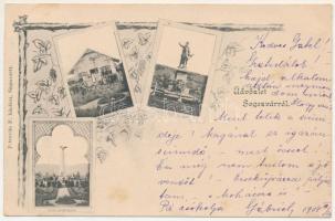 1904 Segesvár, Schässburg, Sighisoara; Városi és mezői Petőfi szobor, őrház. Petrovits F. kiadása, szecessziós-virágos keret / statue, monument, railway guardhouse. Art Nouveau, floral (fl)