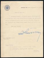 1922 Klebersberg Kunó vallás és közoktatásügyi miniszter aláírása hivatalos levélen