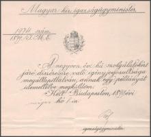 1899 Bp., Plósz Sándor (1846-1925) igazságügy-miniszter saját kezű aláírása kitüntetési okiraton