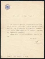 1913 Hivatali fejléces levél Hazai Samu vezérezredes  (1851?1942) honvédelmi miniszter saját kezű aláírásával, bélyegzőjével