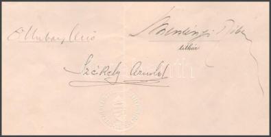 Hubay Jenő zeneszerző, hegedűművész, Székely Arnold, Meszlényi Róbert zongoraművész aláírása zenetan...