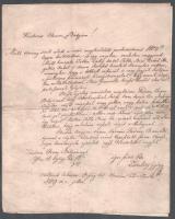 1847 Zsömböry György (1812-1879) jogász, bíró autográf levele, Csáktornyára Hegedüs József táblabíró részére, különféle ügyekben, restaurált, papírra kasírozva, kis szakadással, foltos, 1 beírt oldal