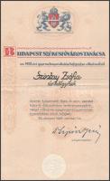 Sipőcz Jenő (1878-1937) polgármester autográf aláírásával ellátott fővárosi oklevél