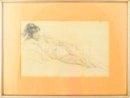 JR vagy RJ monogram jelzéssel, feltehetően 1900 körül: Fekvő női akt. Ceruza, papír. Üvegezett fakeretben. 25x39 cm