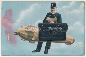 1911 Marosújvár, Uioara, Ocna Mures; Léghajós postás leporello 10 mini képpel, közte vasútállomás, sóbánya, stb. Füssy József kiadása / Postman with airship leporello with 10 mini pictures, including railway station, salt mine, etc. (felületi sérülés / surface damage)