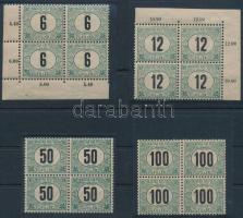 1905 Zöldportó 6f, 12f, 50f és 100f négyestömbökben. Rendkívül ritkák az összefüggések! RRR! (1 x 6f + 1 x 50f falcos / hinged) (1 x 12f gumihiba / gum disturbance)