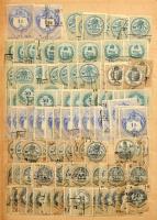 Szép több példányos régi okmánybélyeg tétel, több száz bélyeg sok magas értékkel 8 lapos A4-es berakóban