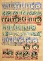 Szép több példányos régi okmánybélyeg tétel, több száz bélyeg sok magas értékkel 8 lapos A4-es berak...
