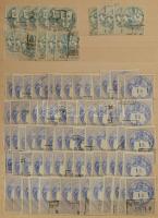 Szép több példányos régi okmánybélyeg tétel, több száz bélyeg sok magas értékkel 8 lapos A4-es berak...