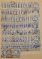 Szép több példányos régi okmánybélyeg tétel, több száz bélyeg sok magas értékkel 8 lapos A4-es berak...