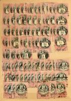 Szép több példányos régi okmánybélyeg tétel, több száz bélyeg sok magas értékkel 8 lapos A4-es berak...