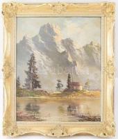 Olvashatatlan jelzéssel, német vagy osztrák festő, XX. sz. második fele: Gosau környéke, Alpok, Ausztria. Olaj, vászon. Kissé sérült (benyomódással a vásznon). 60x50 cm. Dekoratív, kissé sérült fakeretben.