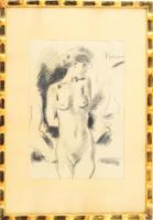 Olvashatatlan jelzéssel: Női akt. Szén, papír. Üvegezett, dekoratív fakeretben. 32,5x22,5 cm