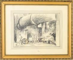 Zádor István (1882-1963): A nagybányai Phoenix-művek belseje, 1938. Ceruza, papír, jelzett. Üvegezett, dekoratív fakeretben. 22,5x32 cm