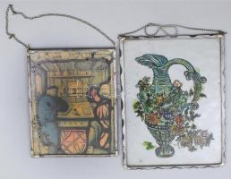 2 darab üvegkép, egyik kézzel festett, 31x33cm alatt