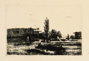 Mikola András (1884-1970): Táj. Rézkarc, papír, jelztett, lapszéli apró foltokkal és apró szakadással. 16×24 cm