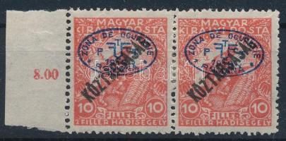 Debrecen I. 1919 Hadisegély/Köztársaság 10f ívszéli pár Bodor vizsgálójellel (papírránc / paper crease)