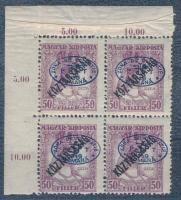 Debrecen I. 1919 Zita/Köztársaság 50f ívsarki négyestömb Bodor vizsgálójellel