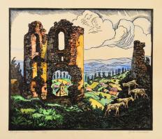 Conrad Gyula (1877-1959): Csesznek várának romjai (Hungarian ruins). Akvarellel színezett fametszet, papír, jelzett. Ritka gyűjtői darab! 23,5×28 cm