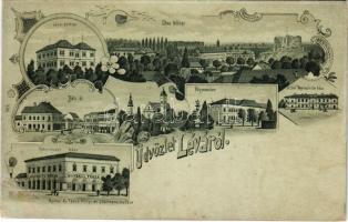 Léva, Levice; Báti út, Főgimnázium, Takarékpénztár, Hitelintézet, kórház, Nyitrai és Társa könyv- és papírkereskedése / street view, grammar school, savings bank, hospital, shop and publishing house. Art Nouveau, floral, litho (r)