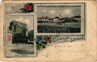 1900 Léva, Levice; várrom, Fő tér, Amstetter Imre üzlete. Dukesz L. kiadása, szecessziós-virágos keret / castle ruins, main square, shops. Art Nouveau, floral (EM)