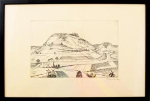 Barcsay Jenő (1900-1988): Kőhegy. Rézkarc, papír, jelzett. 15,5×24 cm. Üvegezett fakeretben.