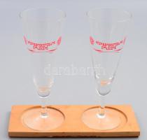 ca 1980 Házasságkötésetek emlékére. Feliratos pohár pár, fa alappal 17 cm
