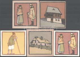 Kós Károly (1883-1977): 5 db színes fametszet, papír v. karton, jelzett a metszeten, papír,részben modern utánnyomás, 10×10 cm körüli méretekben