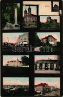 1913 Léva, Levice; mozaiklap, rajta zsinagóga, vár, Schoeller kastély, stb., Dukesz Lipót üzlete és saját kiadása / multi-view postcard with synagogue, castle ruins, publisher's shop, etc. (EK)