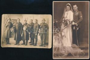 cca 1915, 1943 Katonák csoportképe és katona esküvői fotója, 2 db, 9×13 cm