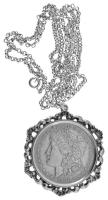 Amerikai Egyesült Államok 1880O 1$ Ag "Morgan" New Orleans medállá alakítva, a lánc és a foglalat jelölt Ag (~27,02g/0.835) T:VF USA 1880O 1 Dollar Ag "Morgan" New Orleans converted into a medal, the chain and frame are marked Ag (~27,02g/0.835) C:VF Krause KM#110