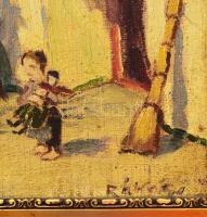 Olvashatatlan (Rákosi?) jelzéssel, 1920-as évek: Napos udvar. Olaj, vászon. Dekoratív fakeretben. 25...