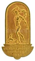 1934. "Tornász Világbajnokság Budapest 1934" aranyozott bronz gomblyukjelvény, hátoldalán "Cserkészbolt V. N Sándor u.6." gyártói jelzéssel (30x16mm) T:AU