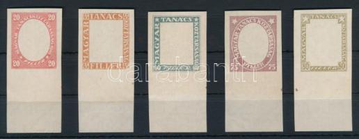1919 Magyar Tanácsköztársasági arcképek vágott próbanyomat sor a keretről fekvő vízjeles cigaretta papíron, extra nagy ívszéllel. / Mi 261-265 imperforate proofs with watermark VIIa and large margins. RRR!