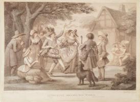 Henry William Bunbury (1750-1811) után, Charles Knight (1743-1826 k.) metszése: Autolycus eladásra kínálja az áruját (Autolycus selling his wares). Pontozott rézmetszet, papír, jelzett a metszeten. Lapszéli apró szakadásokkal, javításokkal. 36x561,5 cm