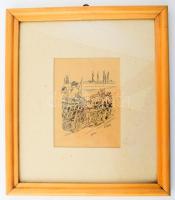 Garay Ákos (1866-1952): Lovas szekér, Tus, papír, jelzett 16 x12 cm üvegezett keretben