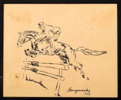 Benyovszky István (1898-1969): Lóval ugrató katona. Tus, papír, paszpartuban ,jelzett, 16x12 cm