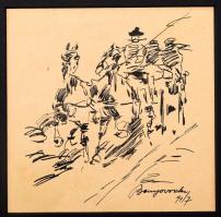 Benyovszky István (1898-1969): Ökrös szekéren Tus, papír, paszpartuban ,jelzett, 16x12 cm