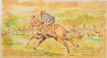 Benyovszky István (1898-1969): Lóverseny. Akvarell, tus, papír, ,jelzett, 16x29 cm