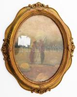 Jelzés nélkül, feltehetően XX. sz. eleje: Beszélgetők. Olaj, vászon, kartonon. Dekoratív, üvegezett fakeretben, üvegen címke maradvánnyal. 25,5x19,5 cm