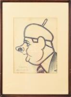 Kondor László (1901-1963): Muraszombati svájci sapkás (karikaturisztikus portré), 1959. Szén, papír, jelezve balra lent (Kondor, Murska Sobota), üvegezett fakeretben, 35,5×28 cm