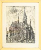 Szabó Vladimir (1905-1991): A Halászbástyán, rézkarc, papír, jelzett, lapszéli egészen apró foltokkal. Üvegezett, kissé sérült fakeretben, 39x30 cm.