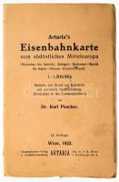 1922 Peucker, Karl: Artaria's Eisenbahnkarte vom südöstlichen Mitteleuropa (Warschau bis Saloniki, Stuttgart-Bodensee-Spezia bis Kijew-Odessa-Konstantinopel) / Közép-Európa délkeleti részének (Ausztria, Csehszlovákia, Magyarország, Ukrajna, Románia) vasúti térképe, 1 : 1.500.000, Wien, 1922, Artaria, nagyméretű térkép, kisebb sérülésekkel, 89,5x115 cm