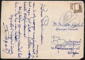 ca 1960 Nemeskúti Rexa Dezső (1872-1964) irodalomtörténész, levéltáros, helytörténész, nyelvész, író autogárf levelezőlapja, saját rajzával