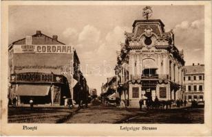 1917 Ploiesti, Ploesti, Ploesci; Leipziger Strasse, Bazarul Trandafiru Rosu, Banca Centrala, Manufactura Panzarie la Lira, Papagal / street view, shops, bank + "K.U.K. ETAPPENPOSTAMT 264" (EK)