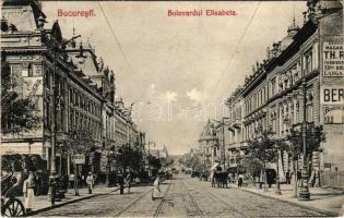 1907 Bucharest, Bukarest, Bucuresti, Bucuresci; Bulevardul Elisabeta / street view, tram, pharmacy, drugstore, shops (tear)