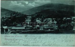 1900 Csaca, Csacza, Cadca, Catca; látkép este holdfényben, fűrésztelep, vasútállomás, zsinagóga. S. Lustig kiadása / general view at night in moonlight, sawmill, railway station, synagogue (r)