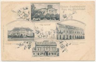 Erzsébetváros, Dumbraveni; Honvéd laktanya, Városi tanács (városháza), takarékpénztár, szálloda, Villa Issekutz. Soltész Albert kiadása, szecessziós-virágos keret / K.u.K. military barracks, town hall, savings bank, hotel, villa. Art Nouveau, floral (ázott / wet damage)